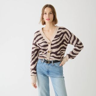 J.Crew + Ribbed V-Neck Cardigan Sweater in Zebra Stripe