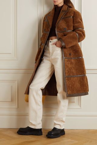 Lvir + Double-Breasted Faux Leather-Trimmed Faux Shearling Coat