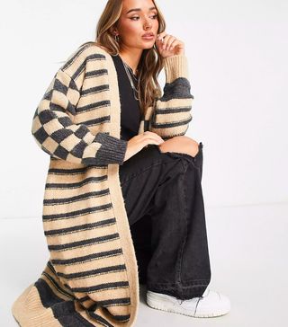 Topshop + Knitted Checkerboard and Stripe Maxi Cardi