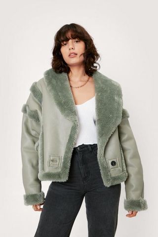 Nasty Gal + Faux Fur Lined Faux Leather Aviator Jacket