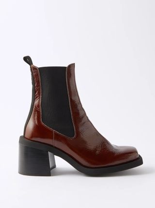 Ganni + Square-Toe Patent-Leather Chelsea Boots
