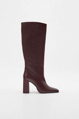 Zara + Heeled Leather Knee-High Boots