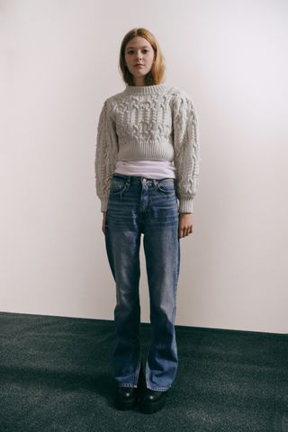 Zara + Cable Knit Sweater With Faux Pearls