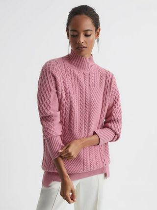 Reiss + Pink Martha Cable Knit High Neck Jumper