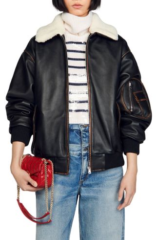 Sandro + Mitchell Genuine Shearling Collar Leather Jacket