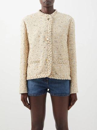 Valentino + Collarless Embellished-Tweed Jacket
