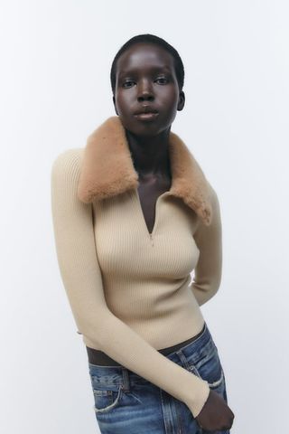 Zara + Faux Fur Lapel Knit Sweater