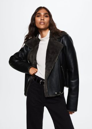 Mango + Faux Shearling-Lined Biker Jacket