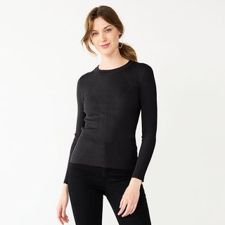Nine West + Long Sleeve Rib Crewneck Sweater