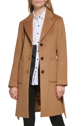 Karl Lagerfeld + Belted Wool Blend Patch Pocket Coat