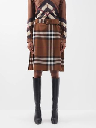 Burberry + Exaggerated-Check Belted Wool Skirt