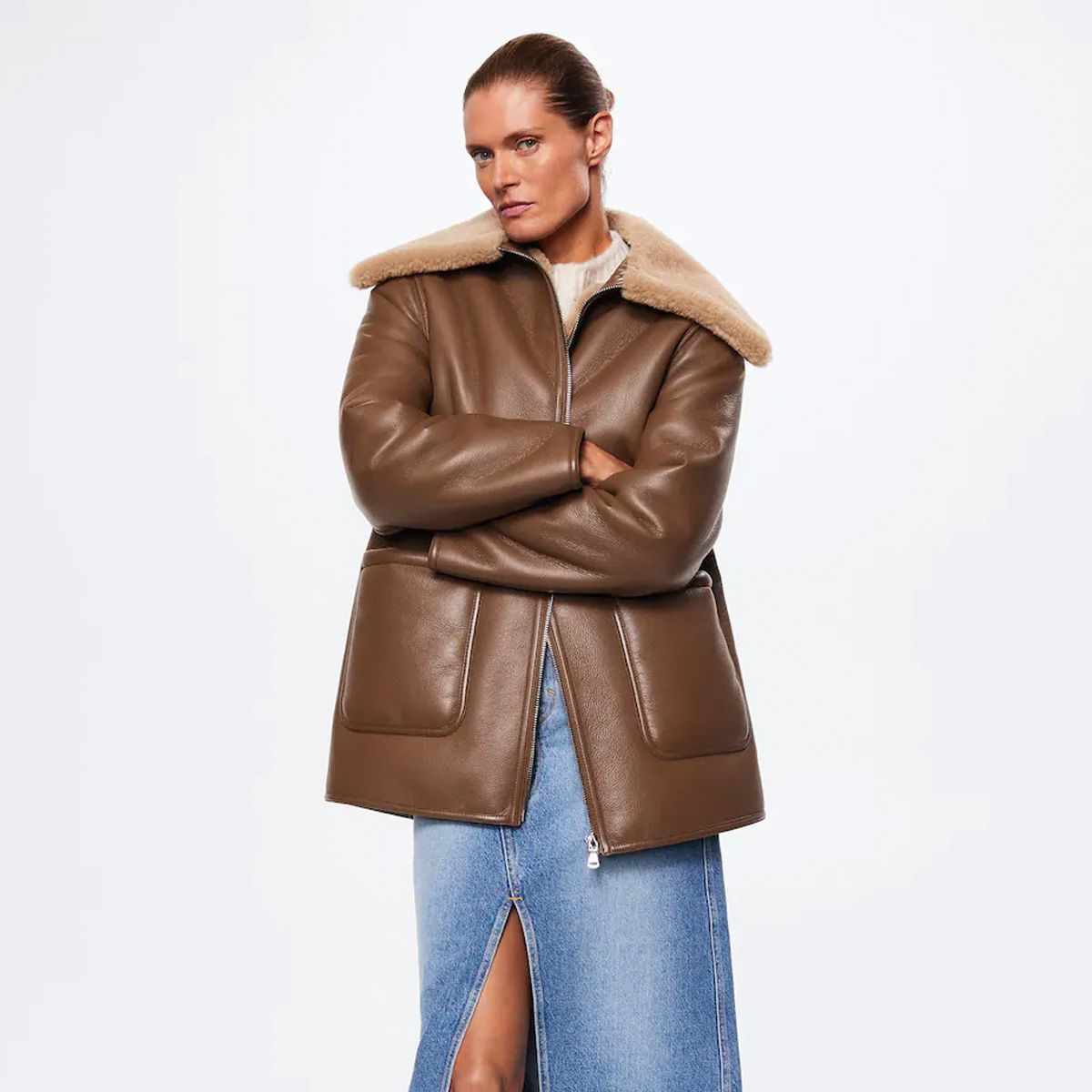 TOPSHOP Faux Suede Shearling Hooded Cropped Car Coat With Borg
