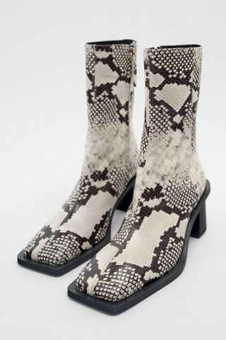 Zara + Animal Print Leather Block Heel Ankle Boots