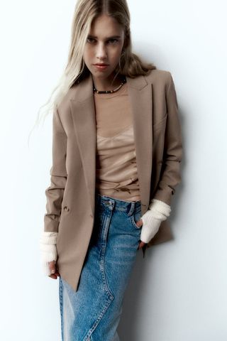Zara + Double Breasted Long Blazer