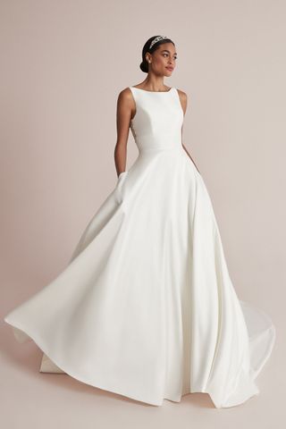 Justin Alexander + Mikado Ball Gown With Sabrina Neckline and Beaded Back