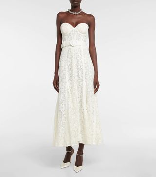 Costarellos + Sharie Belted Lace Bustier Gown
