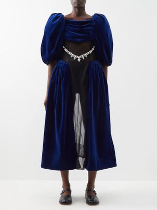 Simone Rocha + Crystal-Embellished Tulle-Inset Velvet Dress