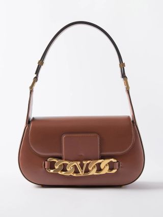 Valentino Garavani + V-Logo Chain Leather Shoulder Bag