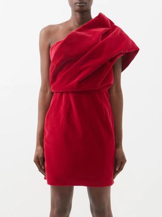 Tom Ford + One-Shoulder Ruffled Cotton-Velvet Mini Dress