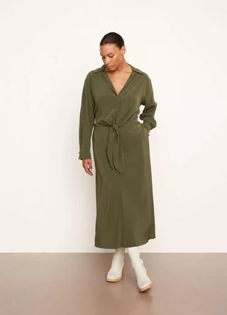 Vince + Long Sleeve Shaped Collar Tie Front Dress