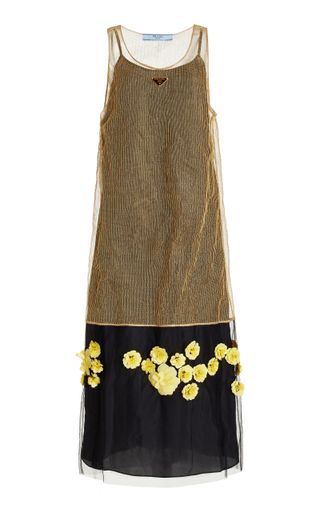 Prada + Floral-Embroidered Mesh Midi Dress