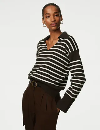 Autograph + Striped V-Neck Collared Jumper