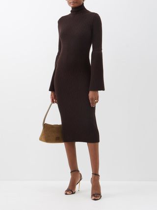 Tom Ford + Fluted-Sleeve Ribbed-Knit Wool Dress