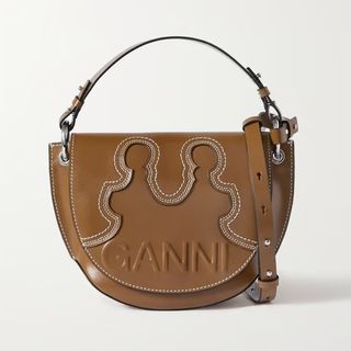 Ganni + Banner Embroidered Logo-Embossed Recycled Leather Shoulder Bag