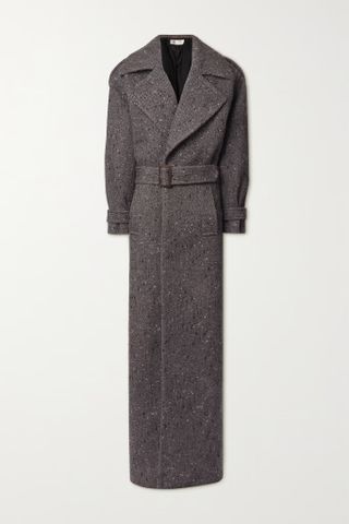 Saint Laurent + Belted Herringbone Wool-Blend Coat