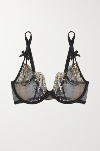 Agent Provocateur + Quinny Sequin-Embellished Embroidered Stretch-Tulle Underwired Soft-Cup Bra