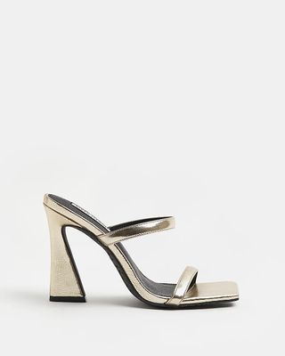 River Island + Gold Strapp Heeled Mules