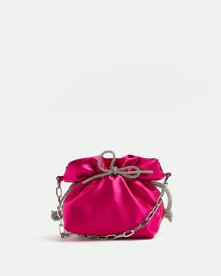 River Island + Pink Satin Diamante Bow Shoulder Bag