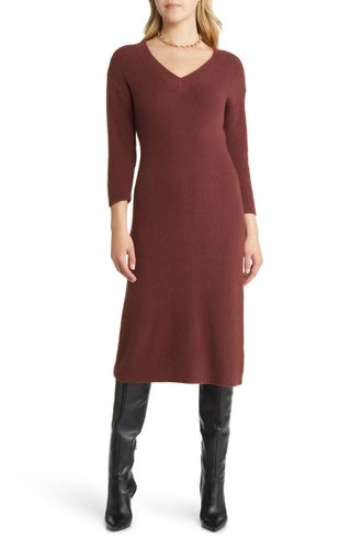 Halogen + Off the Shoulder Long Sleeve Midi Sweater Dress