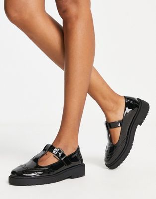 ASOS + Maisie Chunky Mary-Jane Flat Shoes in Black Patent