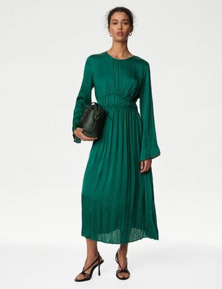 Marks & Spencer + Satin Round Neck Midi Waisted Dress