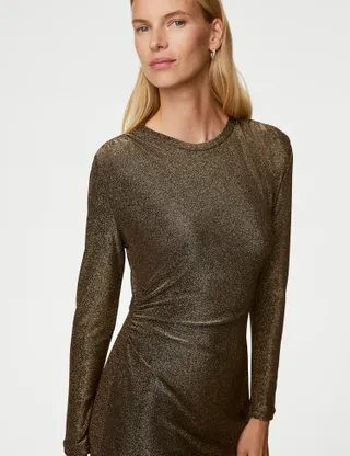 M&S Collection + Metallic Ruched Midi Bodycon Dress
