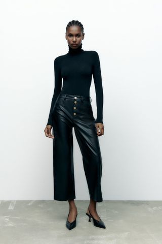 Zara + Faux Leather Trousers With Golden Buttons
