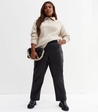 New Look + Curves Black Leather-Look Trousers