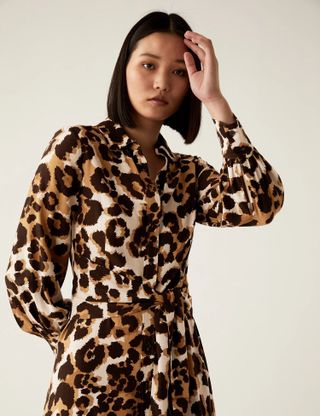 M&S Collection + Animal Print Tie Front Midaxi Shirt Dress