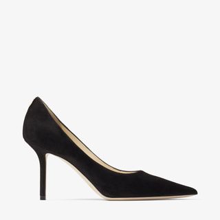 Jimmy Choo + Love 85 Black Suede Pointed Pumps with JC Emblem