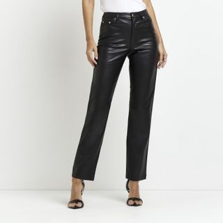River Island + Black Faux Leather Straight Trousers