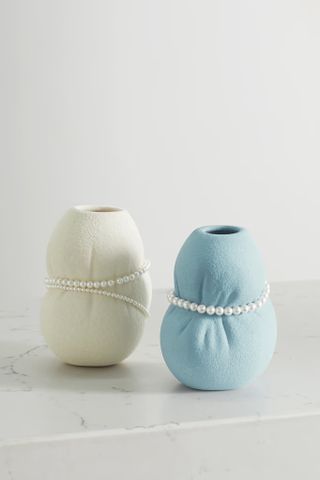 Completedworks + Set of Two Faux Pearl-Embellished Ceramic Vases