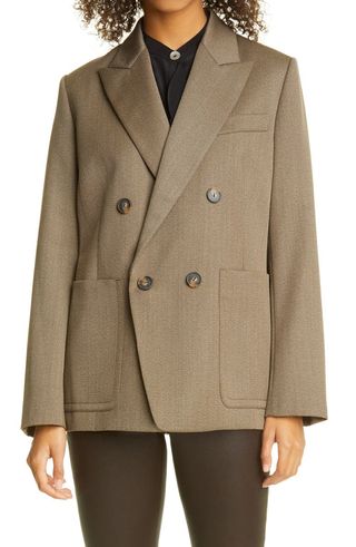 Vince + Double Breasted Tailored Wool Blend Twill Blazer