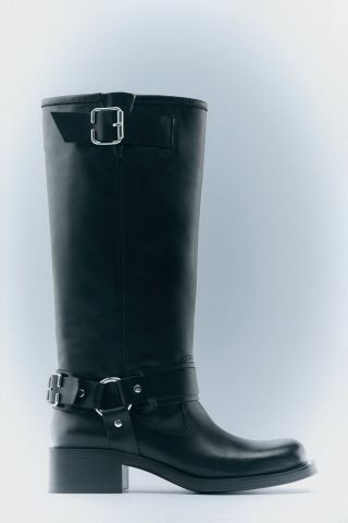 Zara + Leather Biker Boots With Buckles