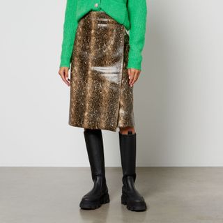 Ganni + Snake-Print Faux Leather Wrap Midi Skirt