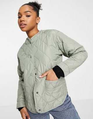 New Look + Collarless Quilted Jacket in Khaki