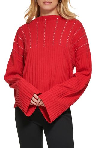 DKNY + Studded Detail Bell Sleeve Cotton Sweater
