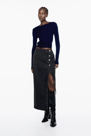 Zara + Z1975 Crossover Denim Midi Skirt