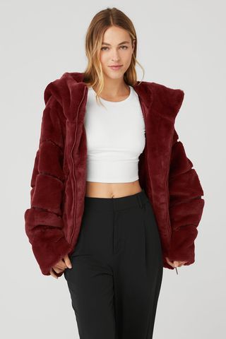 ALO + Knock Out Faux Fur Jacket in Cranberry
