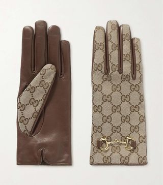 Gucci + Madly Horsebit-Embellished Coated-Canvas and Leather Gloves